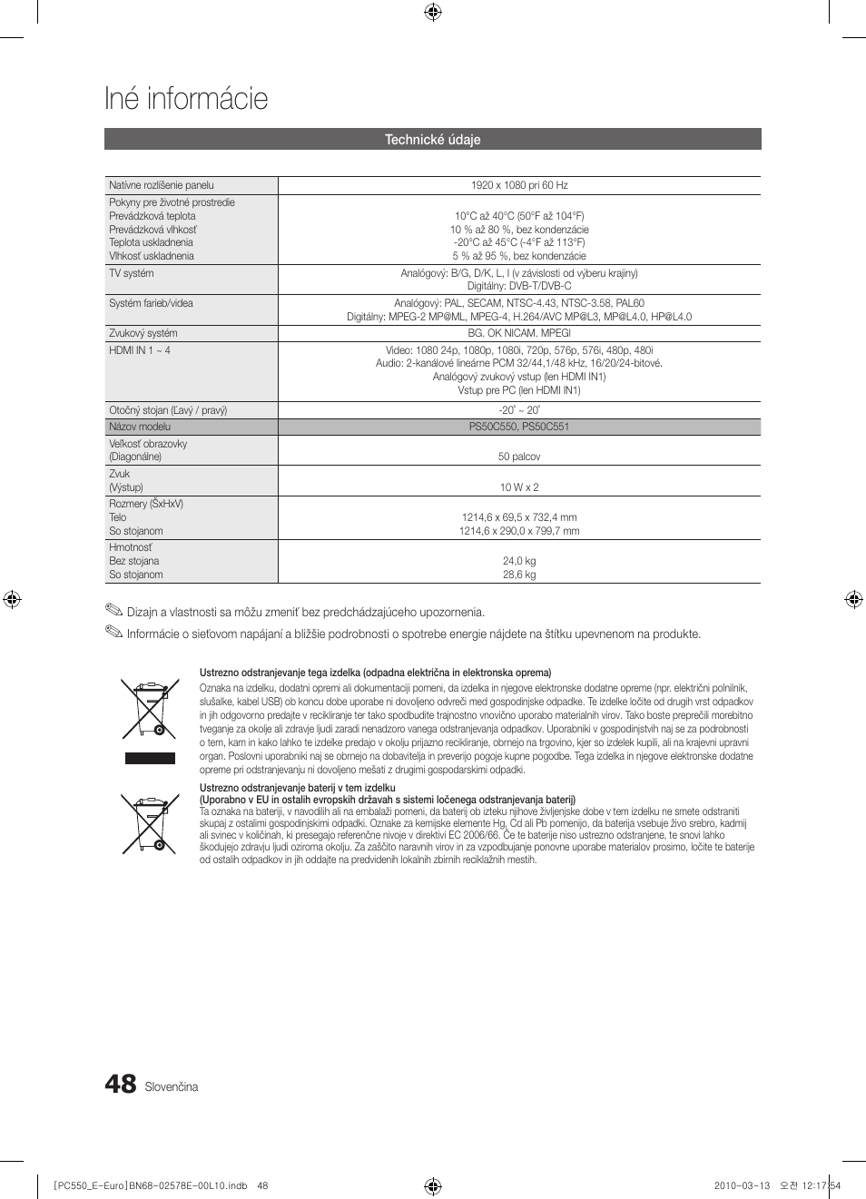 Iné informácie | Samsung PS50C550G1W User Manual | Page 398 / 501