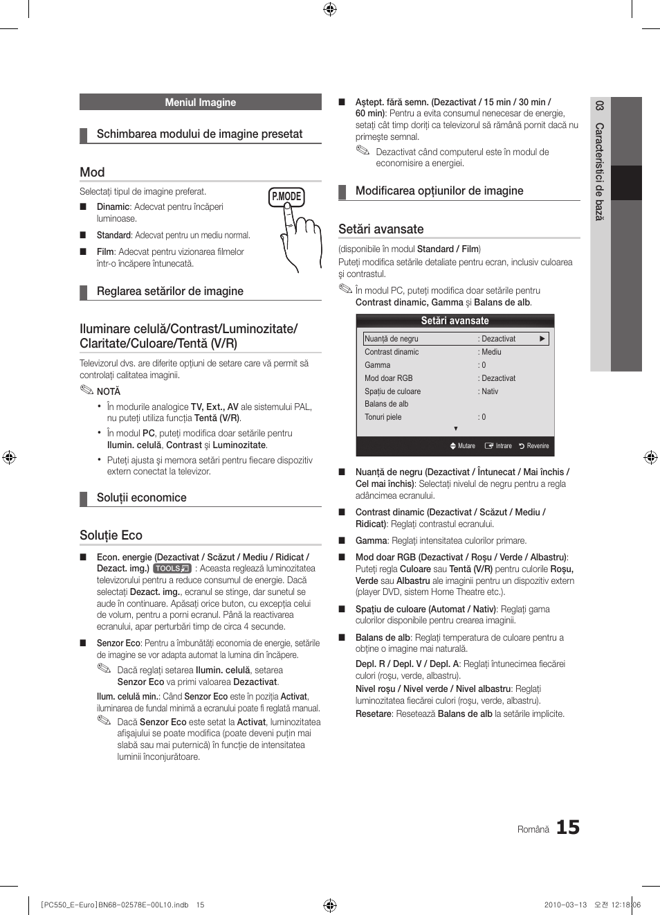 Soluţie eco, Setări avansate | Samsung PS50C550G1W User Manual | Page 415 / 501