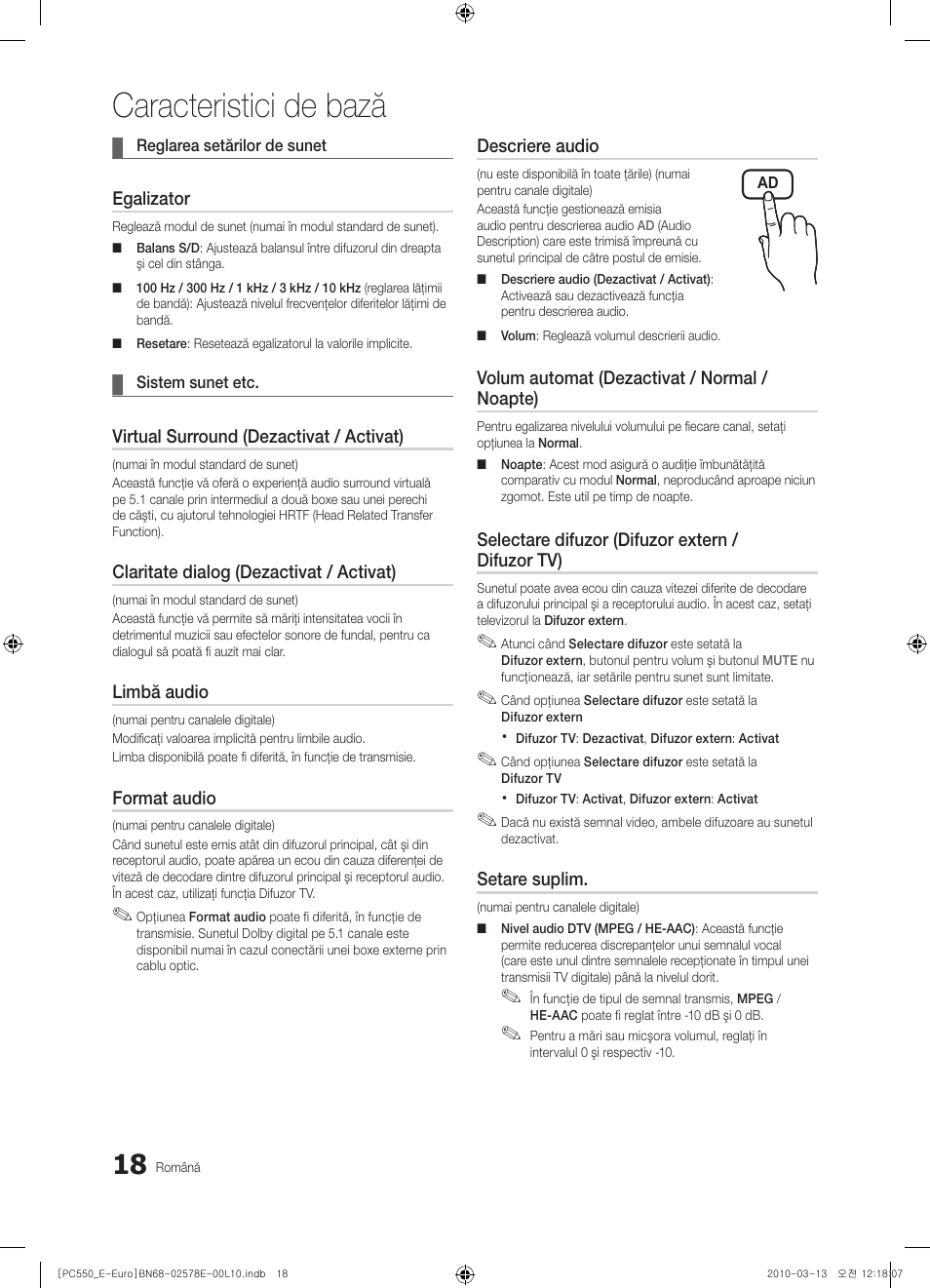 Caracteristici de bază | Samsung PS50C550G1W User Manual | Page 418 / 501