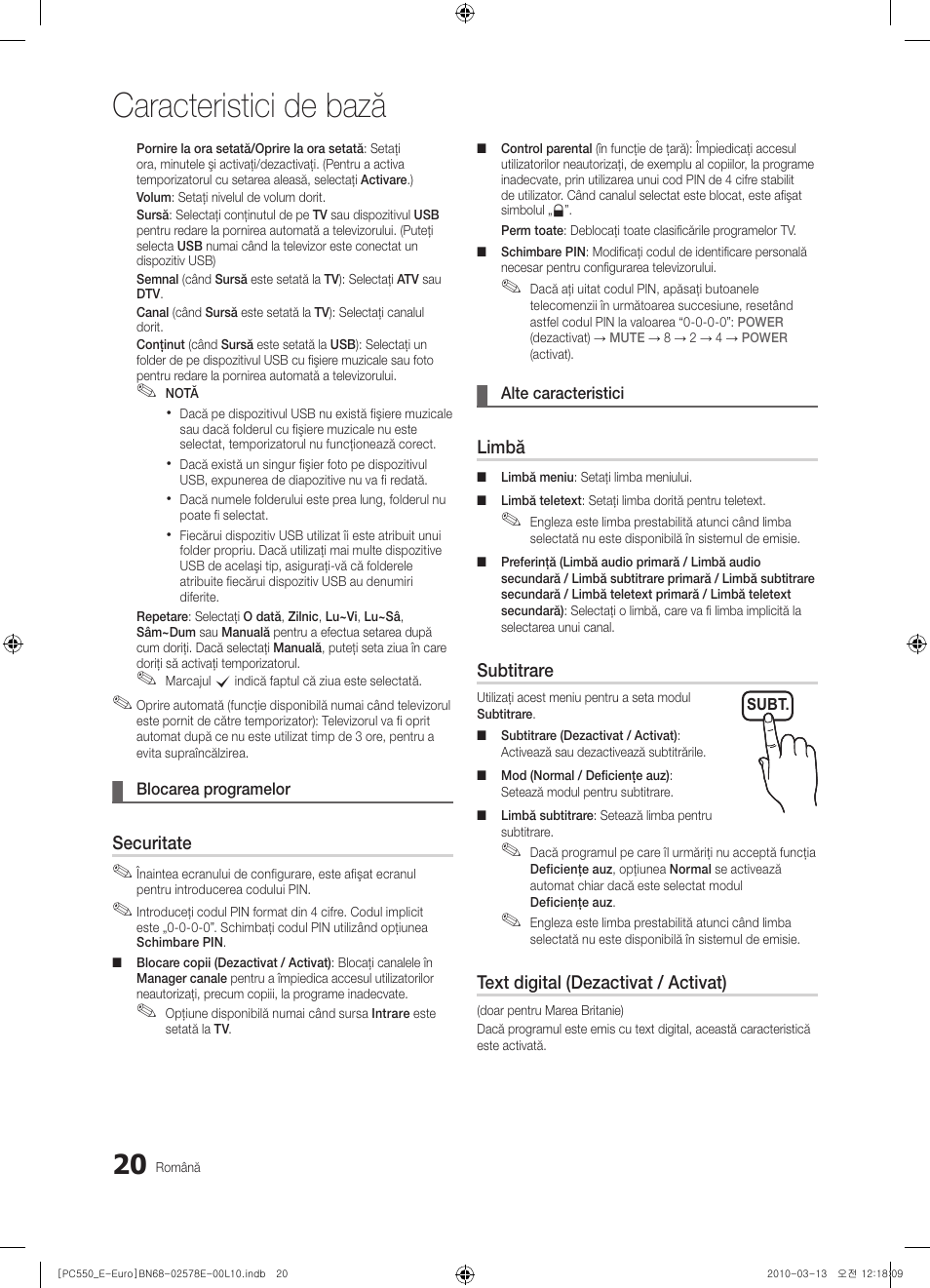 Caracteristici de bază, Securitate, Limbă | Subtitrare, Text digital (dezactivat / activat) | Samsung PS50C550G1W User Manual | Page 420 / 501