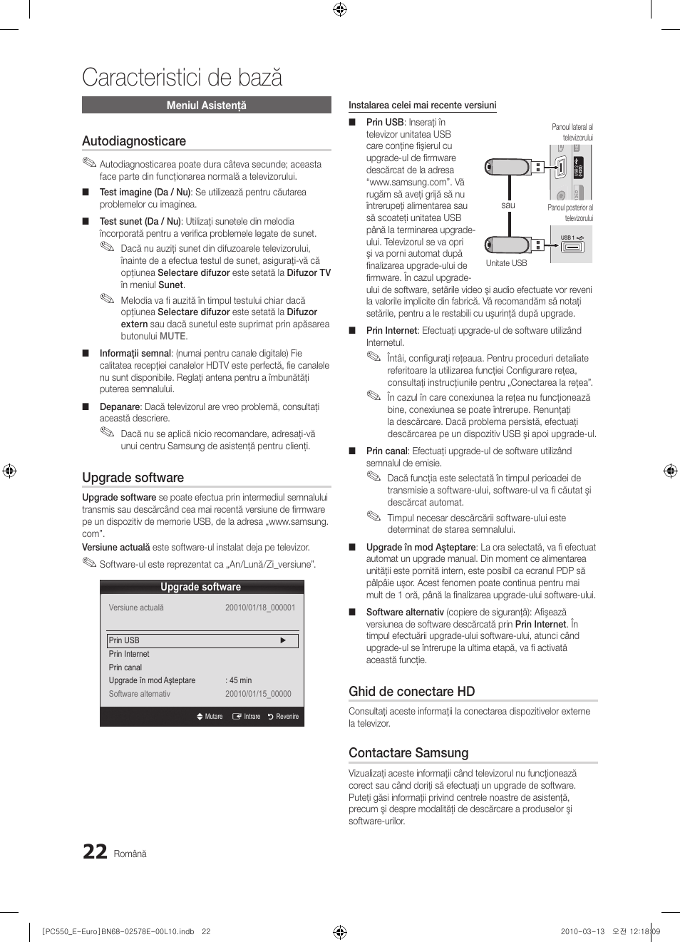 Caracteristici de bază, Autodiagnosticare, Upgrade software | Ghid de conectare hd, Contactare samsung | Samsung PS50C550G1W User Manual | Page 422 / 501