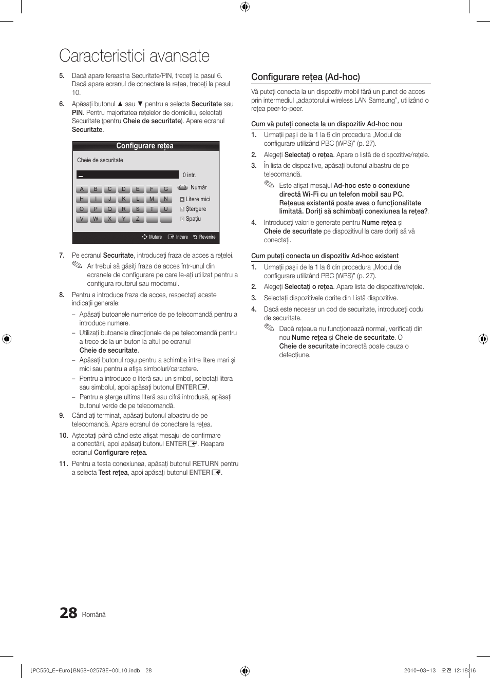 Caracteristici avansate, Configurare reţea (ad-hoc) | Samsung PS50C550G1W User Manual | Page 428 / 501