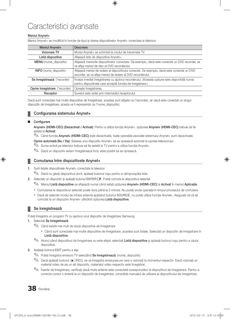 Caracteristici avansate | Samsung PS50C550G1W User Manual | Page 438 / 501