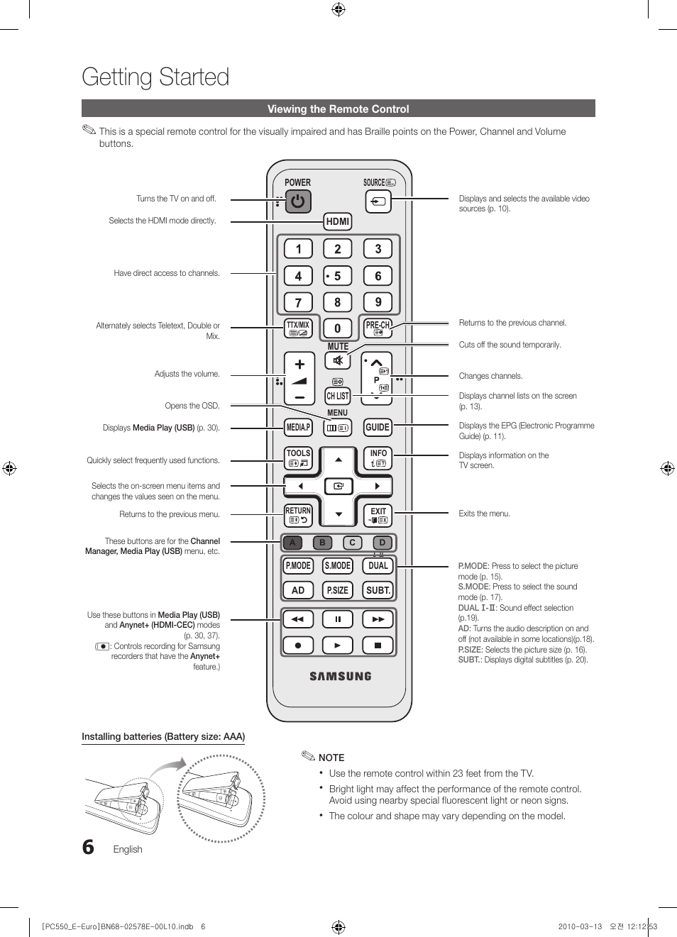 Getting started | Samsung PS50C550G1W User Manual | Page 6 / 501