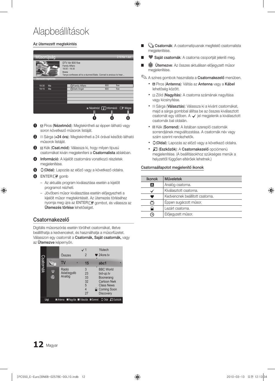 Alapbeállítások, Csatornakezelő | Samsung PS50C550G1W User Manual | Page 62 / 501