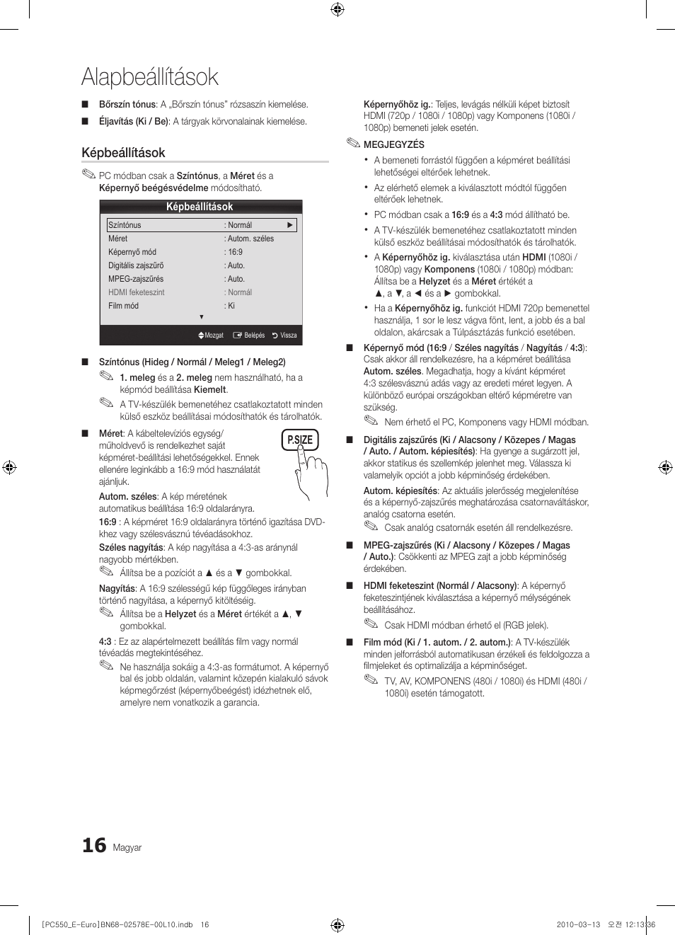 Alapbeállítások | Samsung PS50C550G1W User Manual | Page 66 / 501