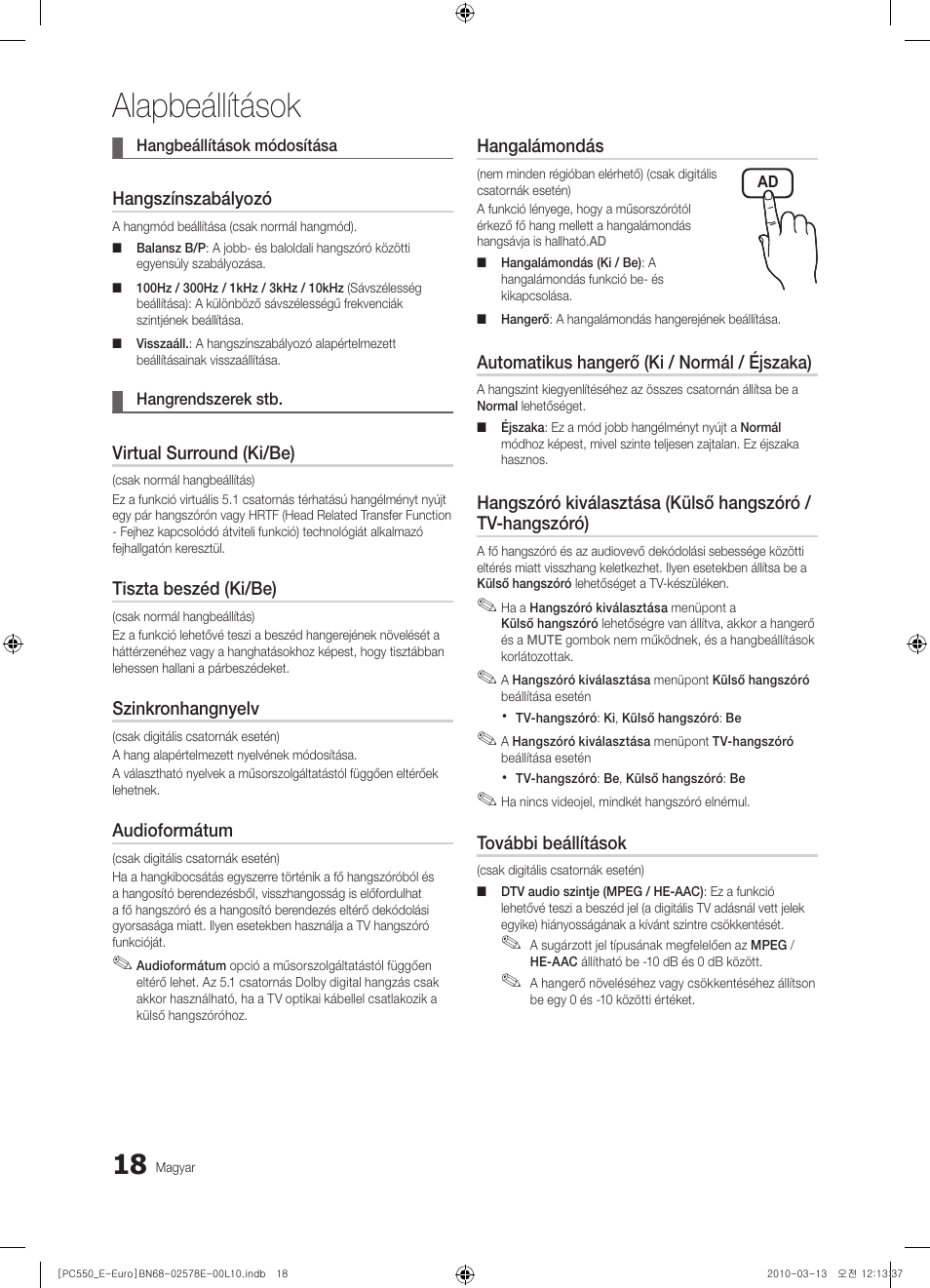 Alapbeállítások | Samsung PS50C550G1W User Manual | Page 68 / 501