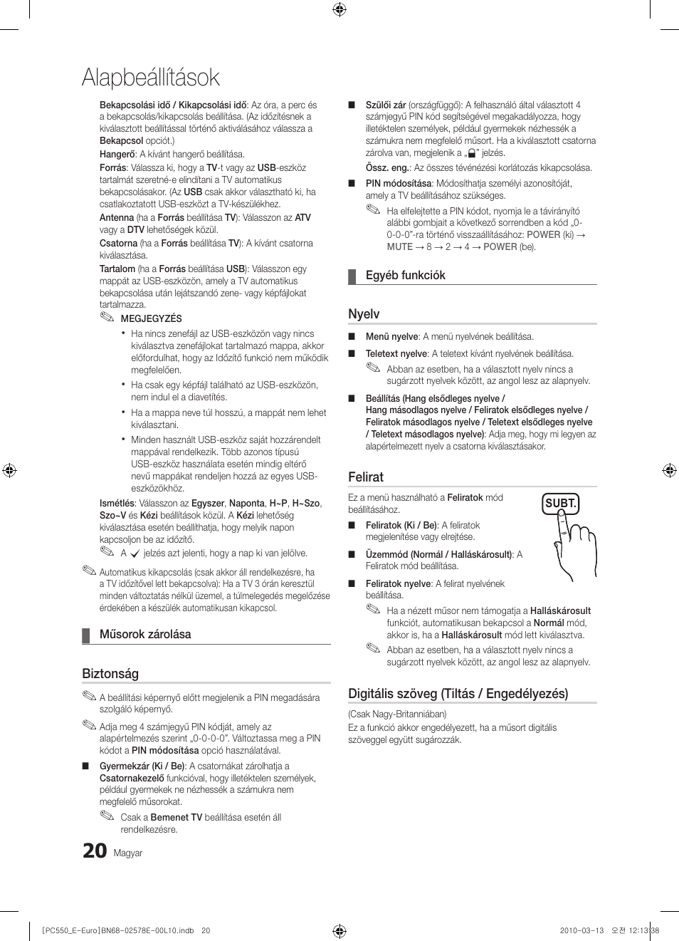 Alapbeállítások | Samsung PS50C550G1W User Manual | Page 70 / 501