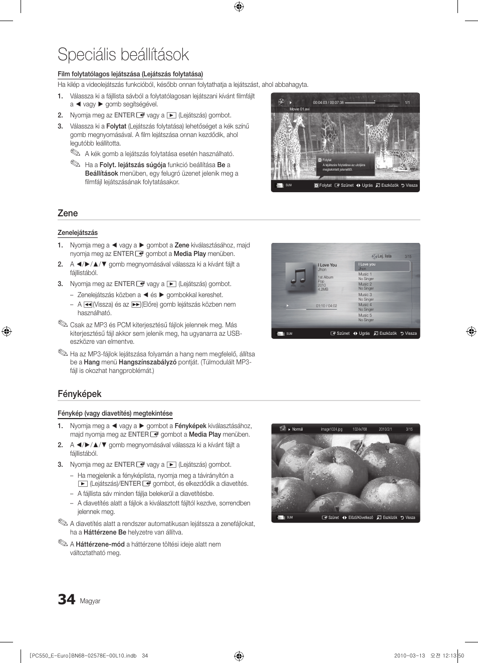 Speciális beállítások, Zene, Fényképek | Samsung PS50C550G1W User Manual | Page 84 / 501