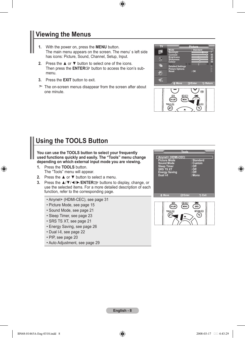 Viewing the menus, Using the tools button, Viewing the menus using the tools button | Samsung LE32A431T2 User Manual | Page 10 / 509