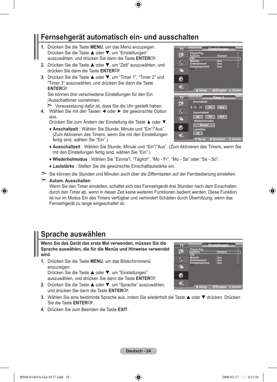 Fernsehgerät automatisch ein- und ausschalten, Sprache auswählen | Samsung LE32A431T2 User Manual | Page 110 / 509