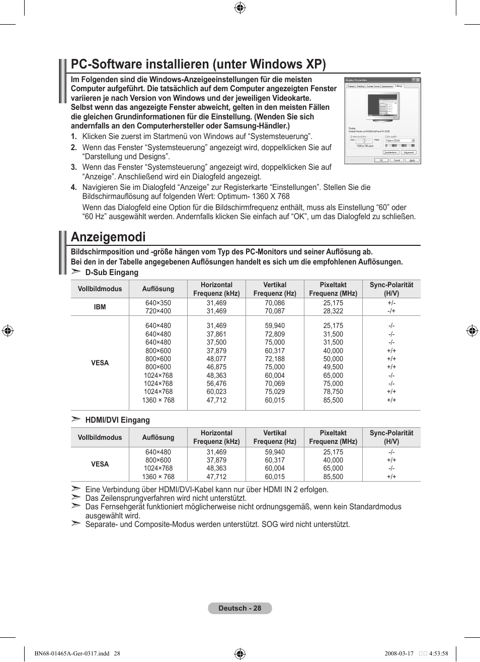 Pc-software installieren (unter windows xp), Anzeigemodi | Samsung LE32A431T2 User Manual | Page 114 / 509