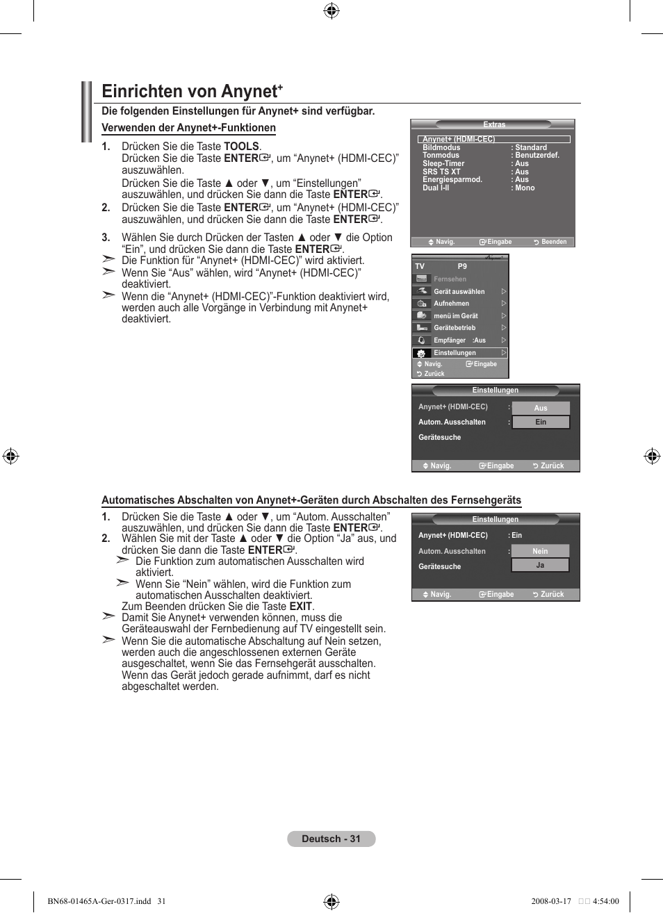 Einrichten von anynet | Samsung LE32A431T2 User Manual | Page 117 / 509