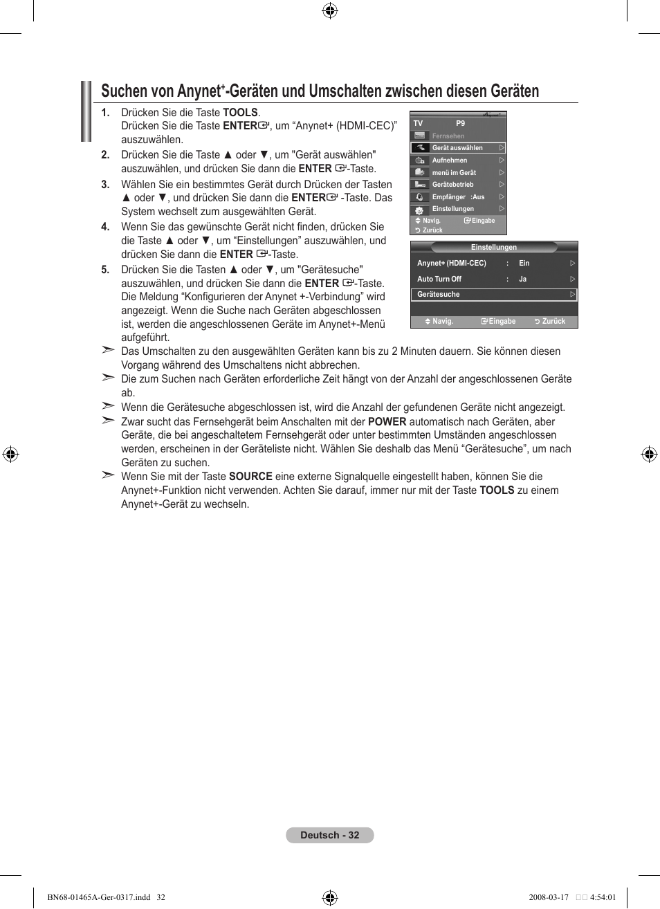 Suchen von anynet, Geräten und umschalten zwischen diesen geräten | Samsung LE32A431T2 User Manual | Page 118 / 509