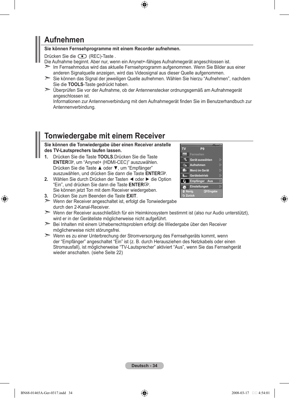 Aufnehmen, Tonwiedergabe mit einem receiver | Samsung LE32A431T2 User Manual | Page 120 / 509