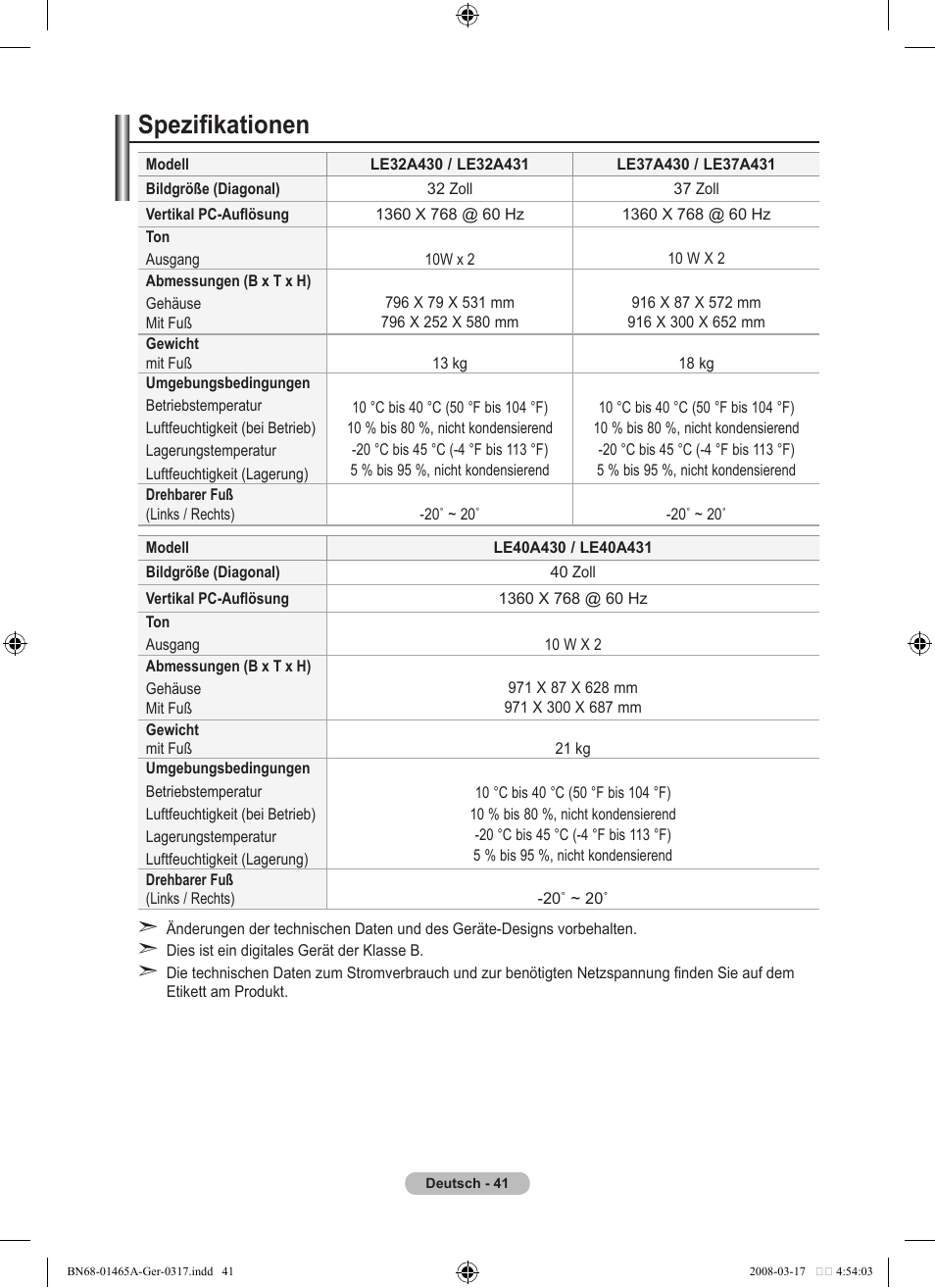 Spezifikationen | Samsung LE32A431T2 User Manual | Page 127 / 509