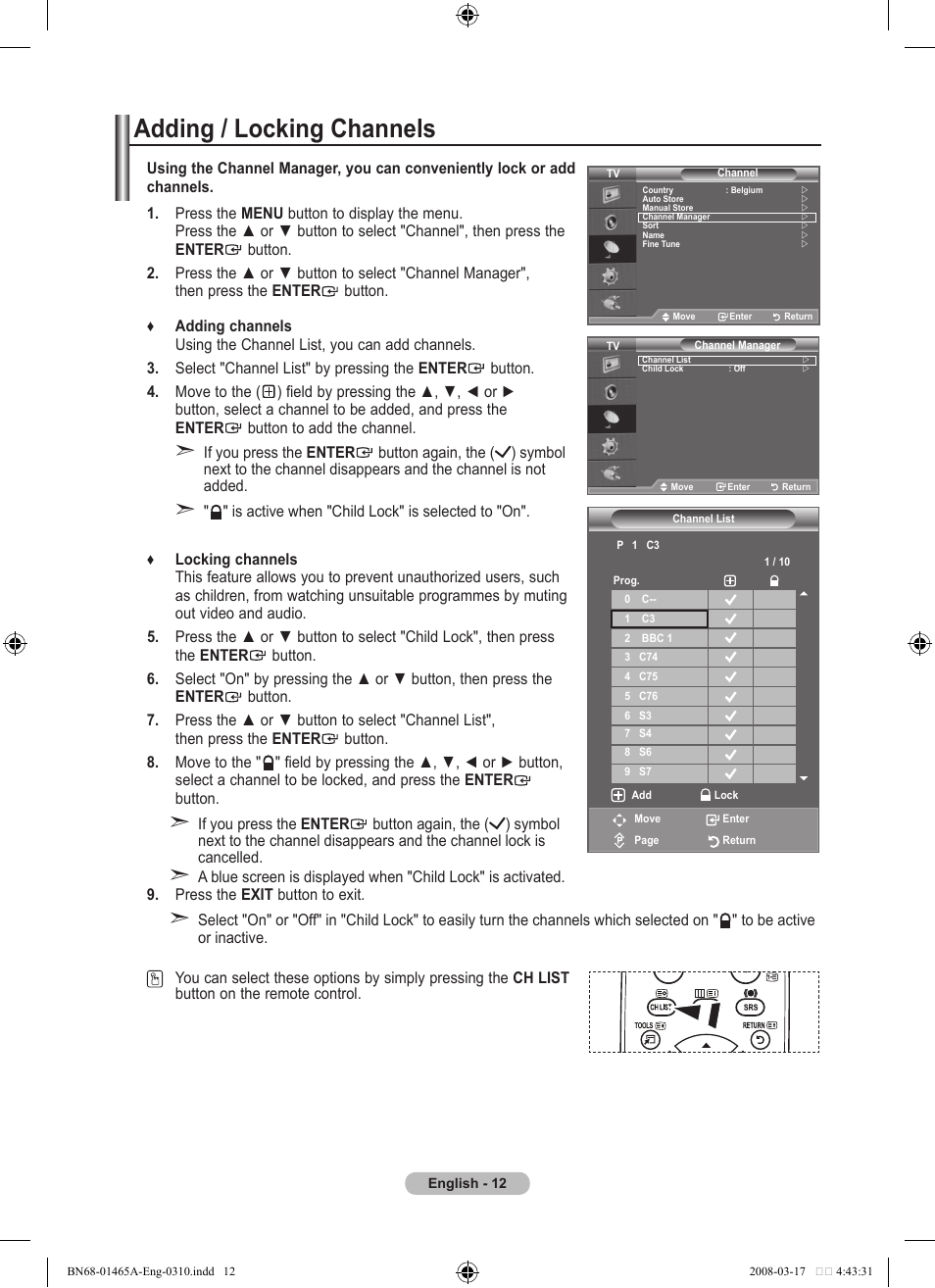 Adding / locking channels | Samsung LE32A431T2 User Manual | Page 14 / 509