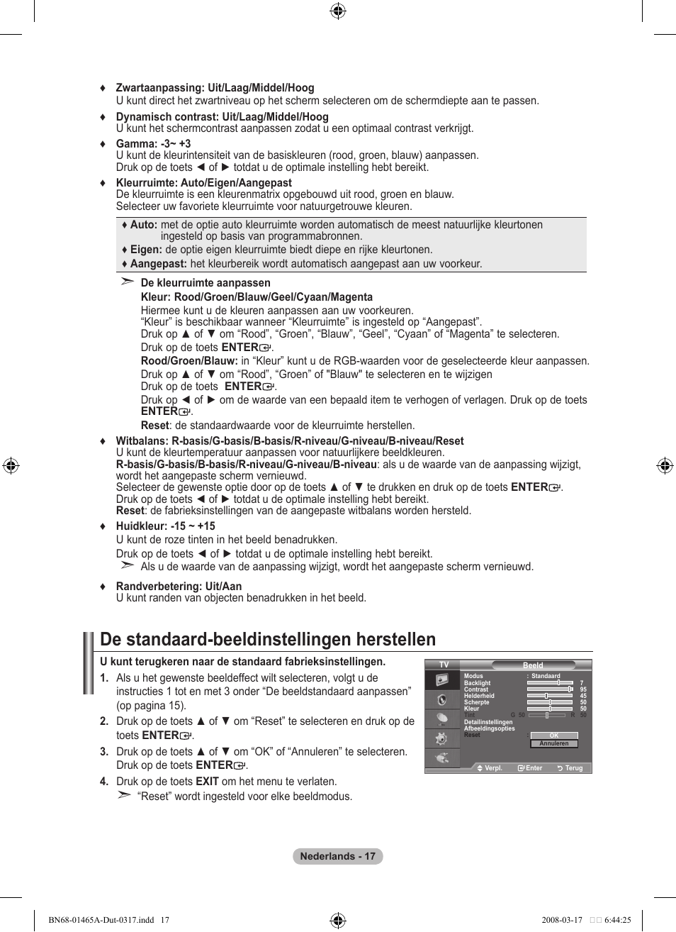 De standaard-beeldinstellingen herstellen | Samsung LE32A431T2 User Manual | Page 145 / 509