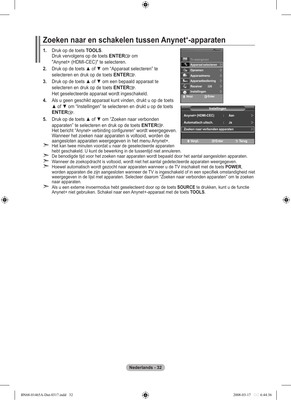 Zoeken naar en schakelen tussen anynet, Apparaten | Samsung LE32A431T2 User Manual | Page 160 / 509