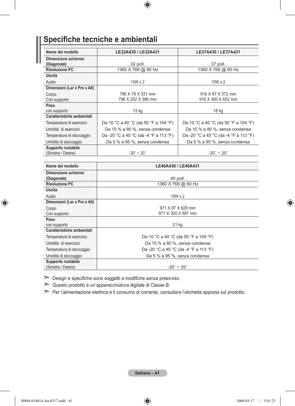 Specifiche tecniche e ambientali | Samsung LE32A431T2 User Manual | Page 211 / 509