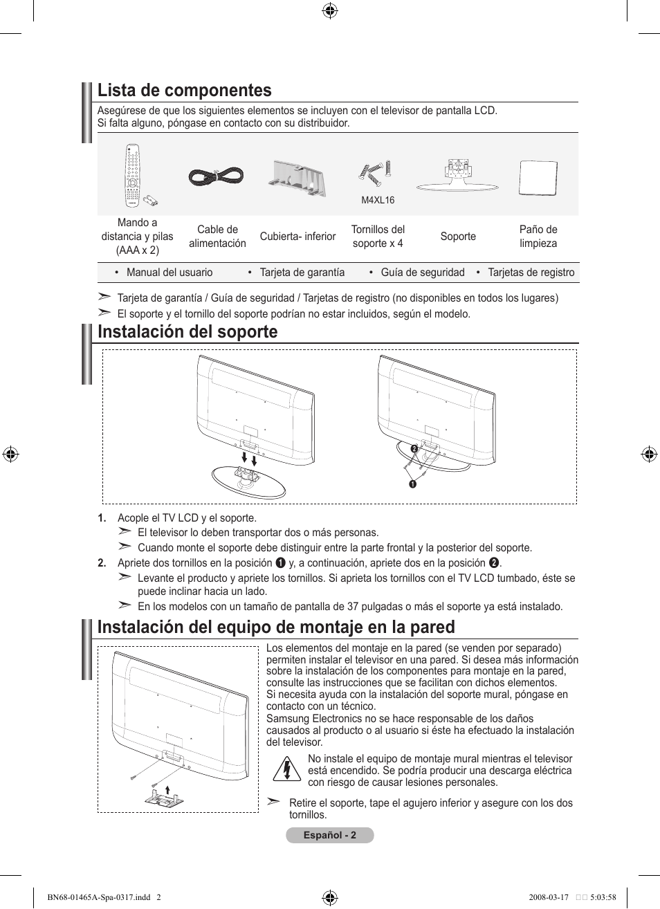 Instalación del soporte, Instalación del equipo de montaje en la pared, Lista de componentes | Samsung LE32A431T2 User Manual | Page 216 / 509