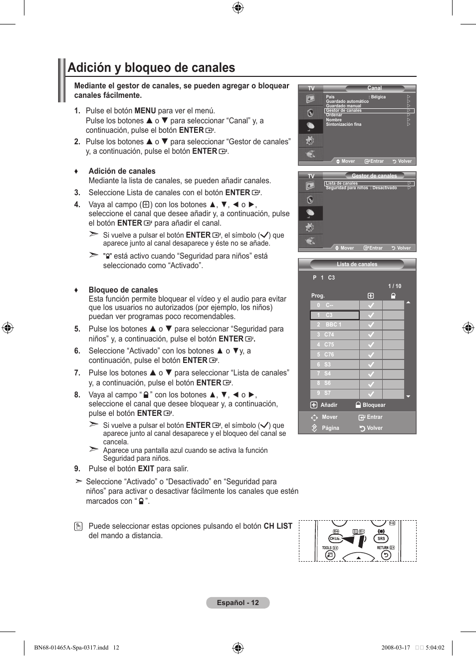 Adición y bloqueo de canales | Samsung LE32A431T2 User Manual | Page 226 / 509