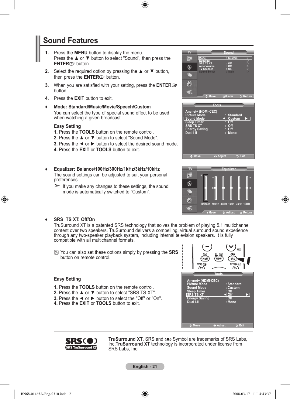 Setting the sound, Sound features | Samsung LE32A431T2 User Manual | Page 23 / 509