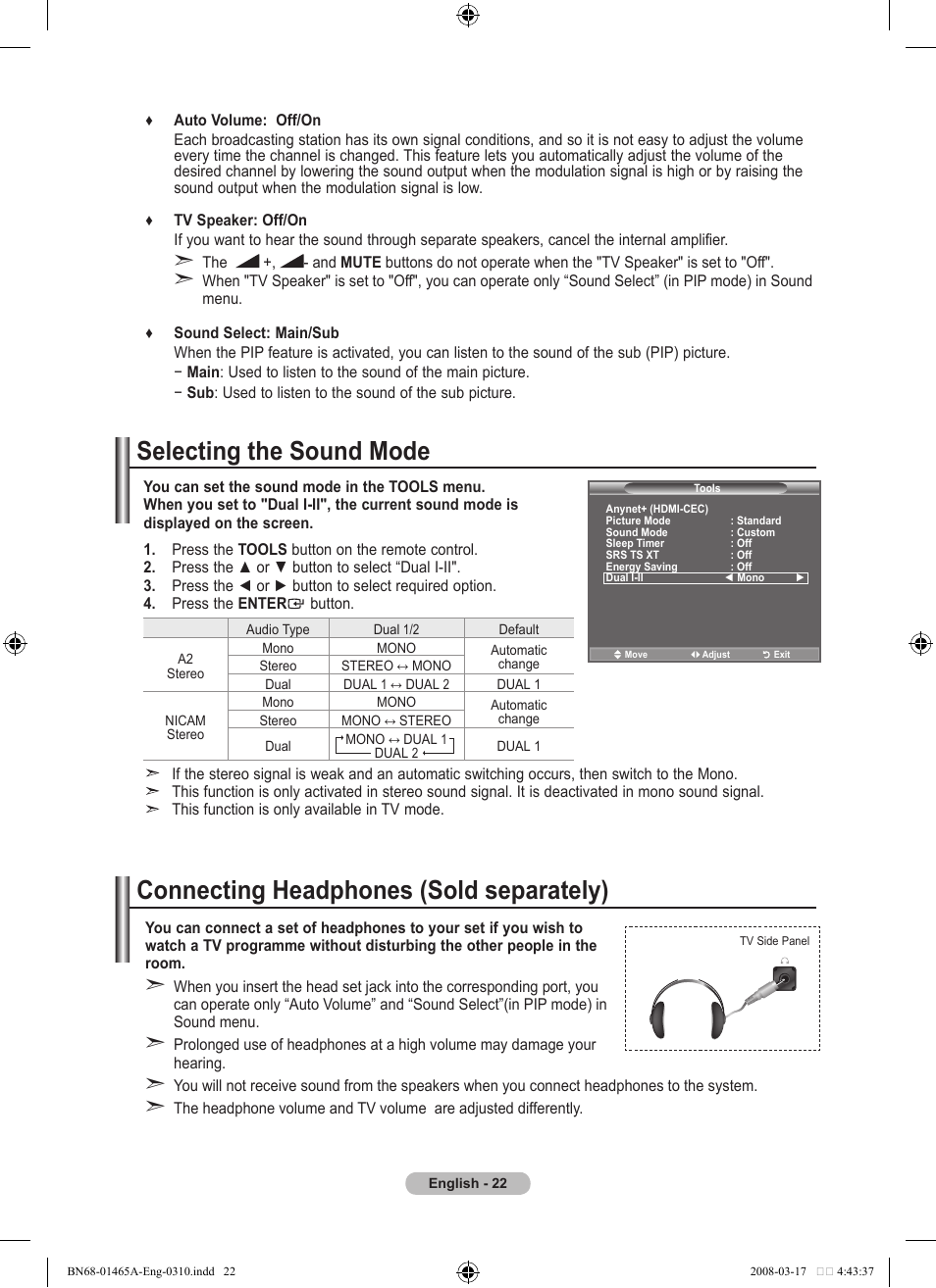 Selecting the sound mode, Connecting headphones (sold separately) | Samsung LE32A431T2 User Manual | Page 24 / 509