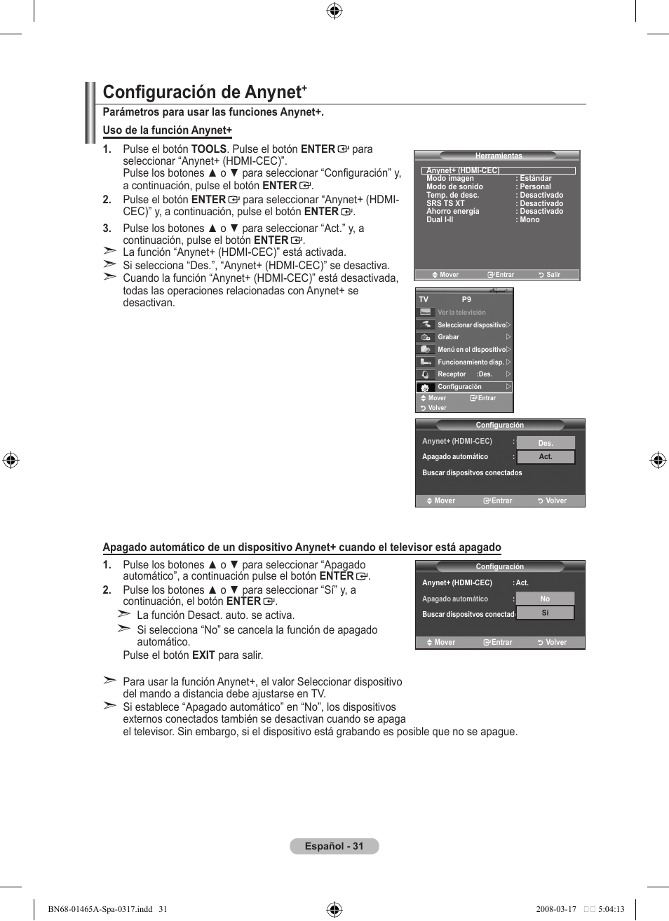 Configuración de anynet | Samsung LE32A431T2 User Manual | Page 245 / 509