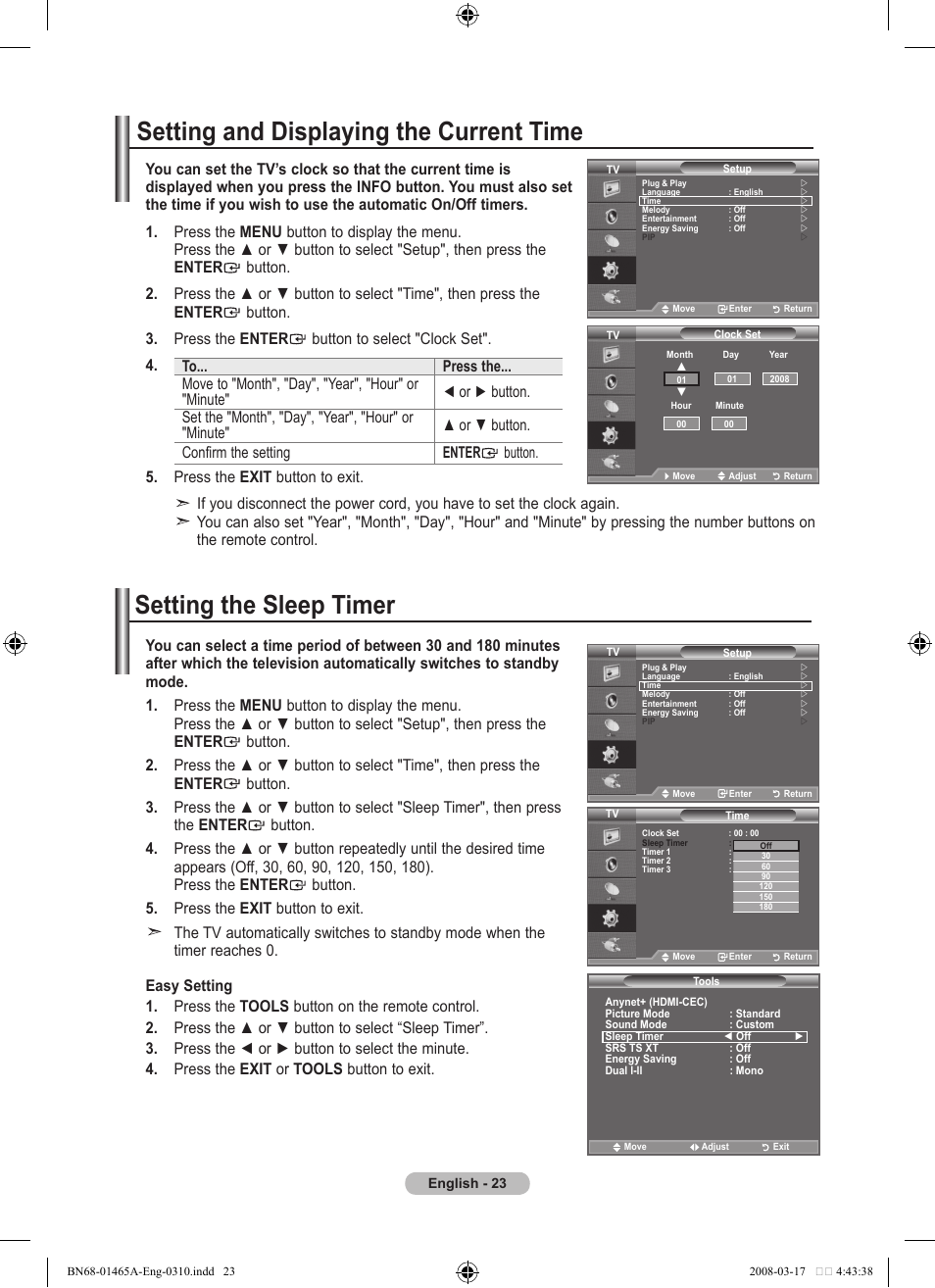 Setting the time, Setting and displaying the current time, Setting the sleep timer | Samsung LE32A431T2 User Manual | Page 25 / 509