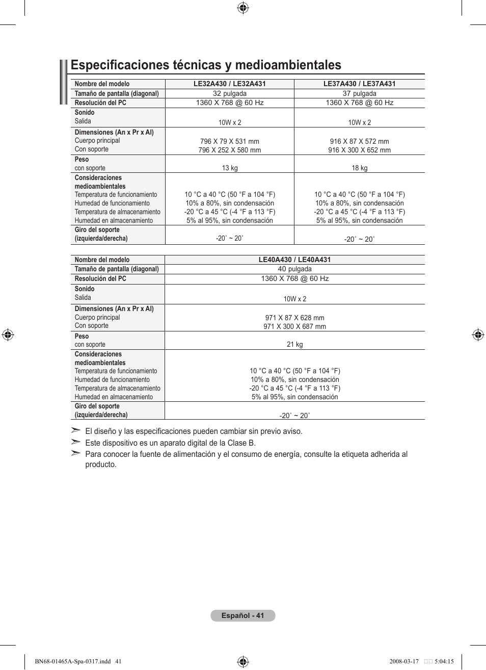 Especificaciones técnicas y medioambientales | Samsung LE32A431T2 User Manual | Page 255 / 509