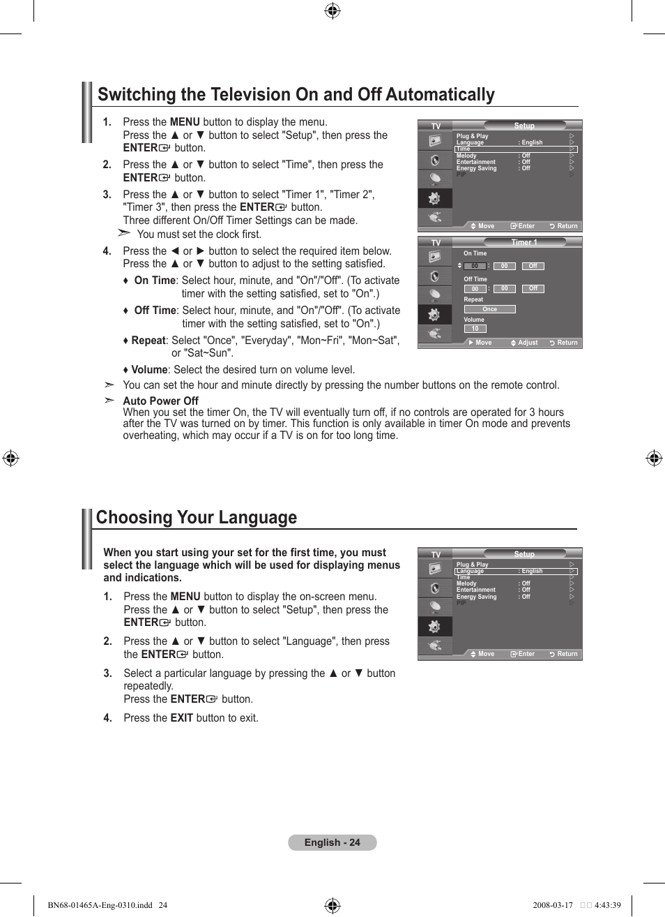 Switching the television on and off automatically, Function description, Choosing your language | Samsung LE32A431T2 User Manual | Page 26 / 509