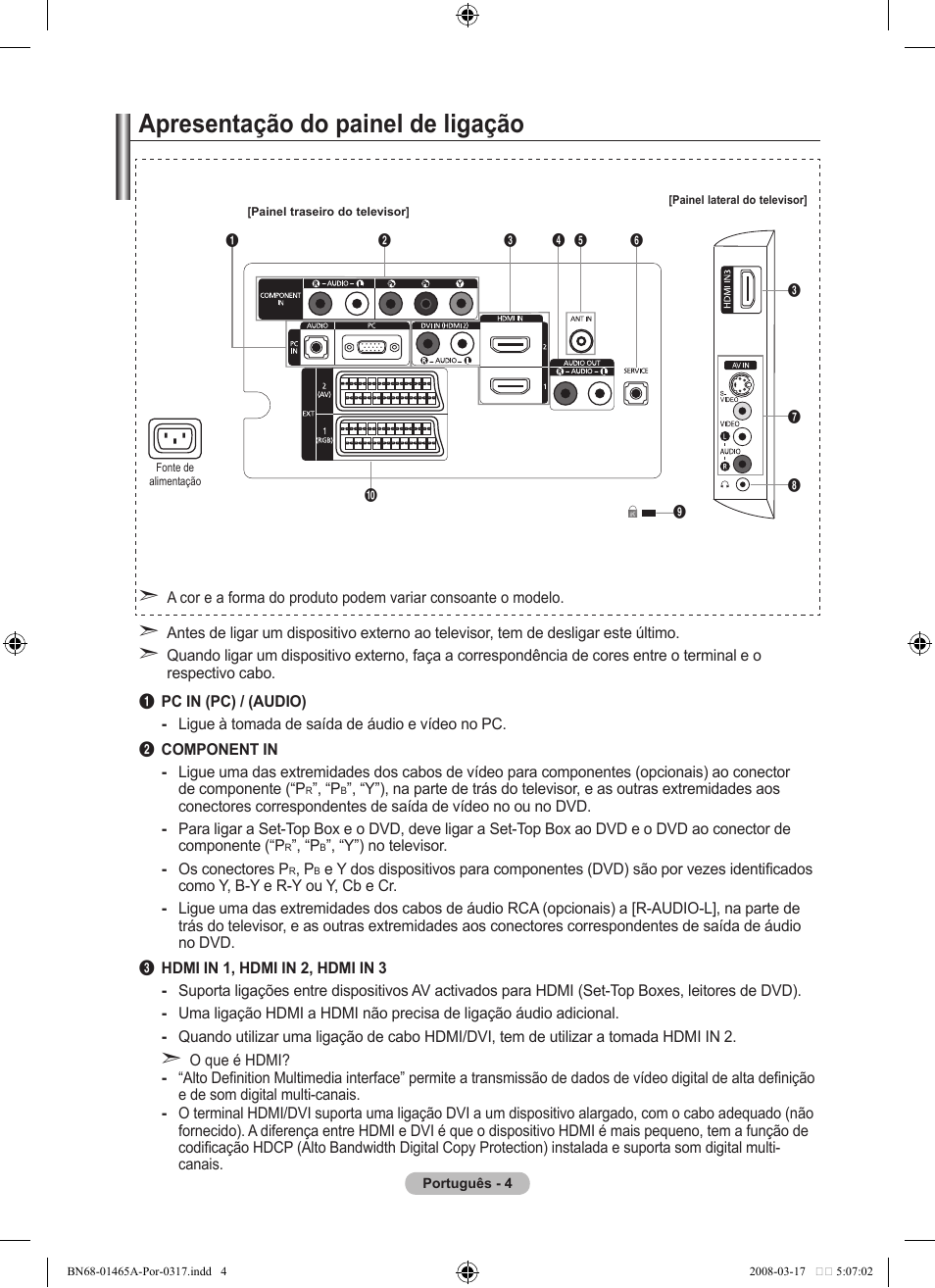 Apresentação do painel de ligação | Samsung LE32A431T2 User Manual | Page 260 / 509