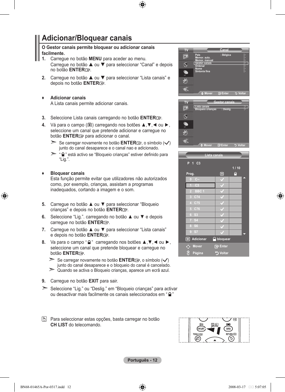 Adicionar/bloquear canais | Samsung LE32A431T2 User Manual | Page 268 / 509