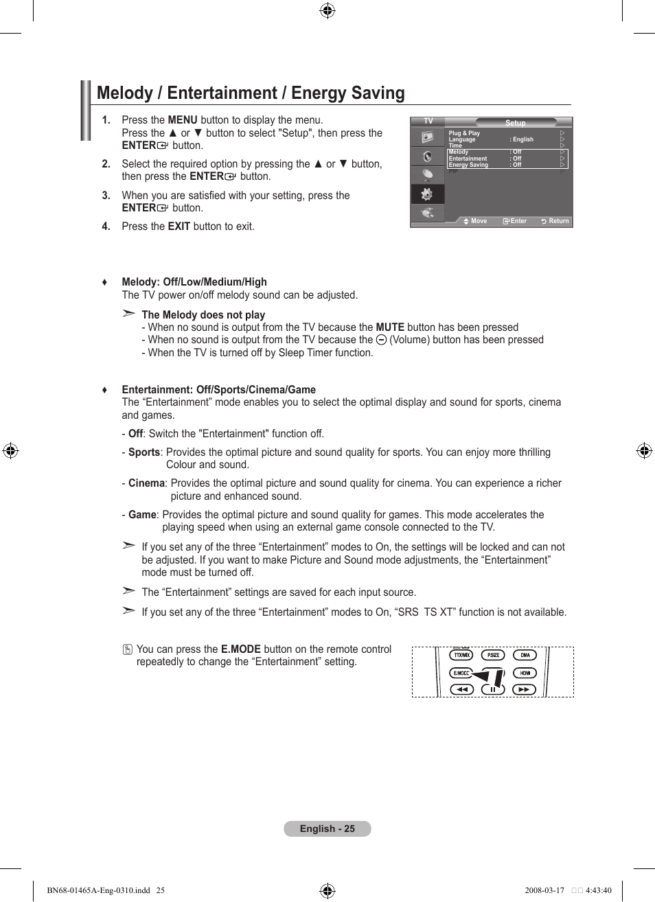 Melody / entertainment / energy saving | Samsung LE32A431T2 User Manual | Page 27 / 509