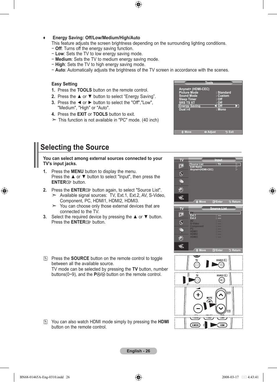 Selecting the source | Samsung LE32A431T2 User Manual | Page 28 / 509