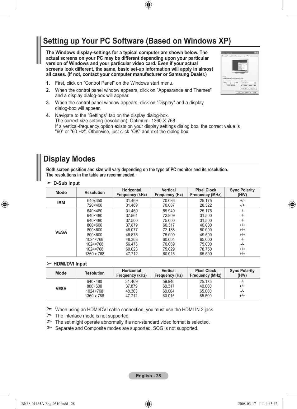 Setting the pc, Setting up your pc software (based on windows xp), Display modes | Samsung LE32A431T2 User Manual | Page 30 / 509