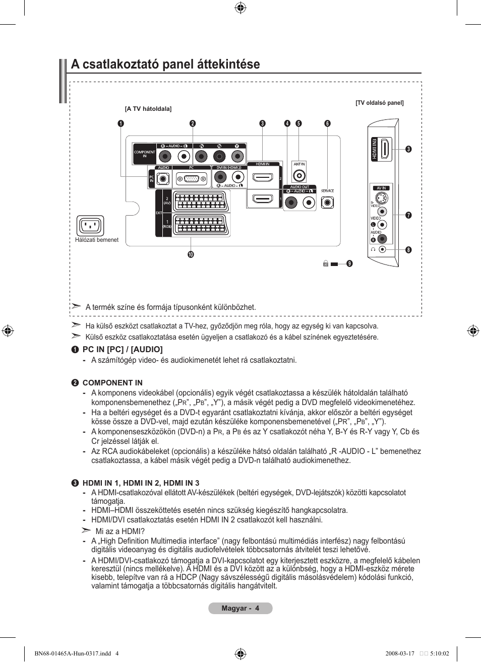 A csatlakoztató panel áttekintése | Samsung LE32A431T2 User Manual | Page 302 / 509
