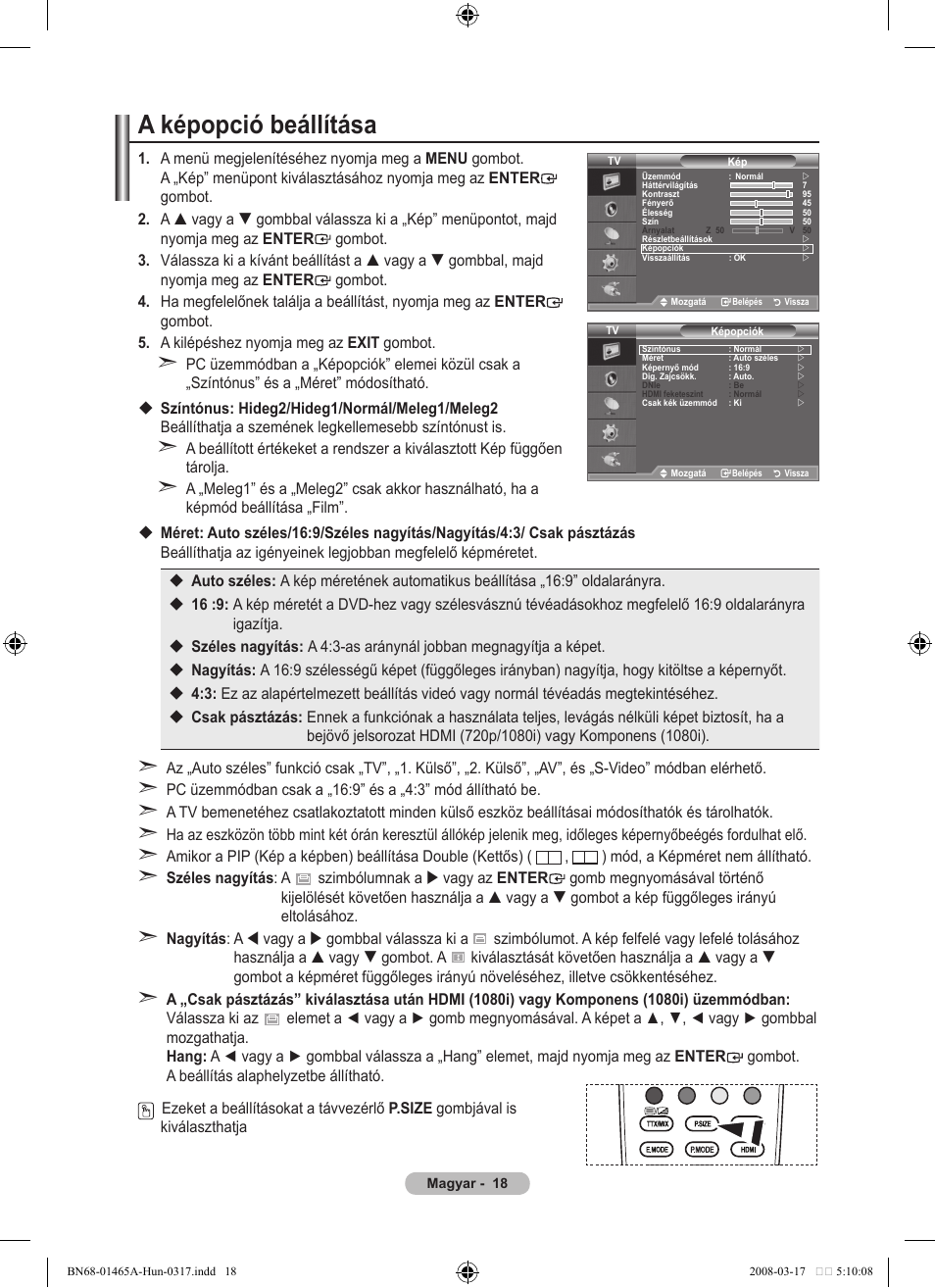 A képopció beállítása | Samsung LE32A431T2 User Manual | Page 316 / 509