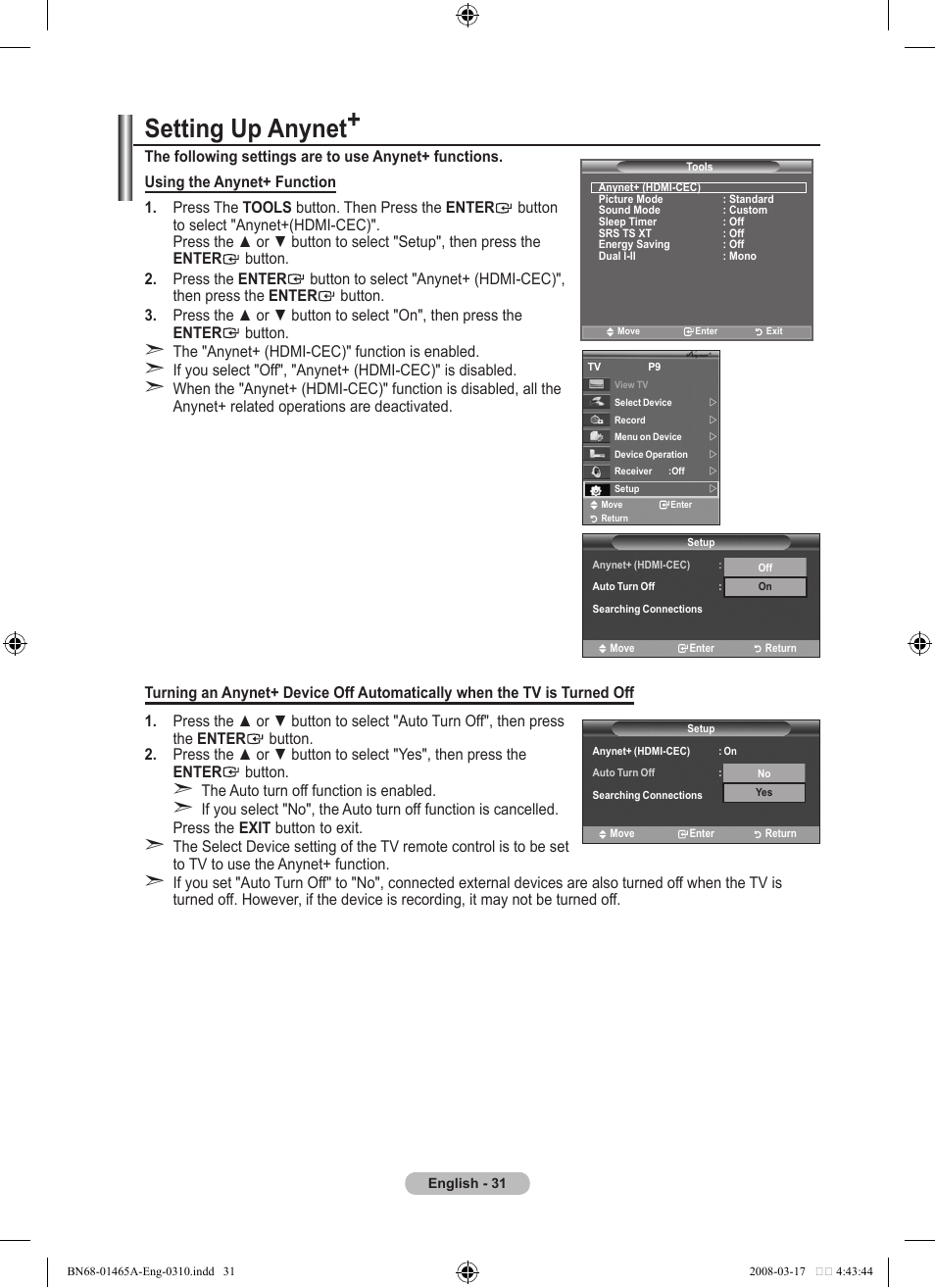 Setting up anynet | Samsung LE32A431T2 User Manual | Page 33 / 509