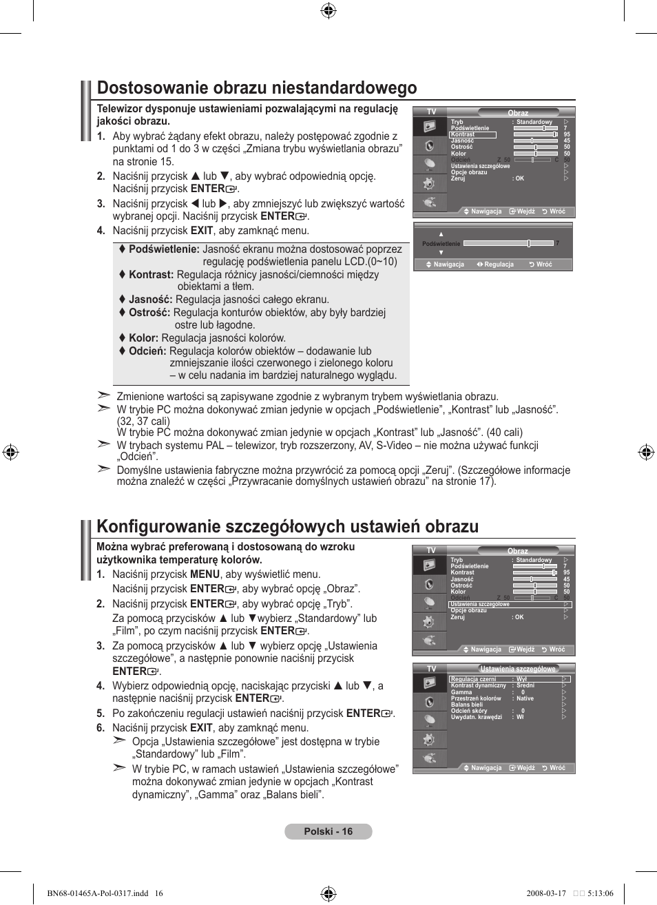 Dostosowanie obrazu niestandardowego, Konfigurowanie szczegółowych ustawień obrazu | Samsung LE32A431T2 User Manual | Page 356 / 509