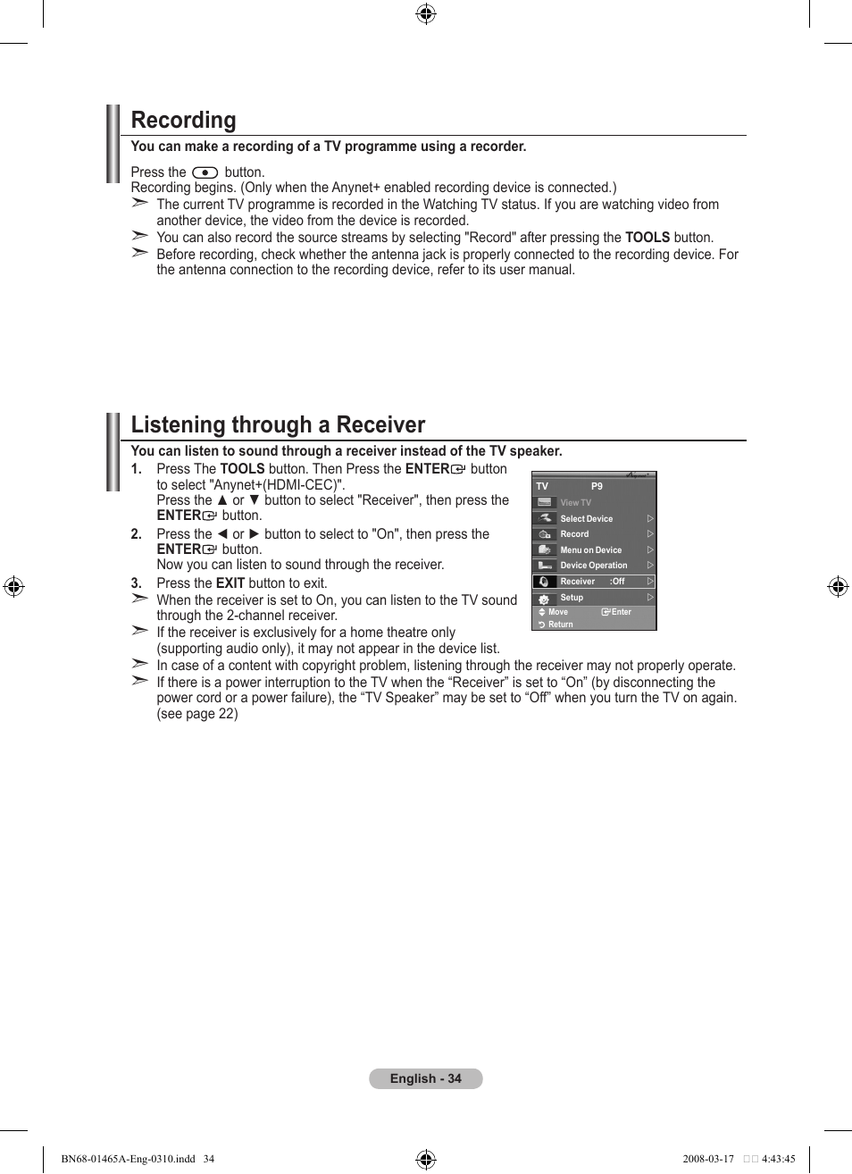 Recording, Listening through a receiver | Samsung LE32A431T2 User Manual | Page 36 / 509