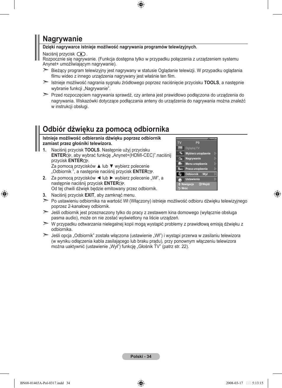 Nagrywanie, Odbiór dźwięku za pomocą odbiornika | Samsung LE32A431T2 User Manual | Page 374 / 509