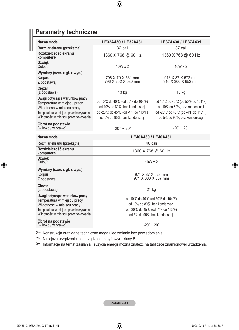 Parametry techniczne | Samsung LE32A431T2 User Manual | Page 381 / 509