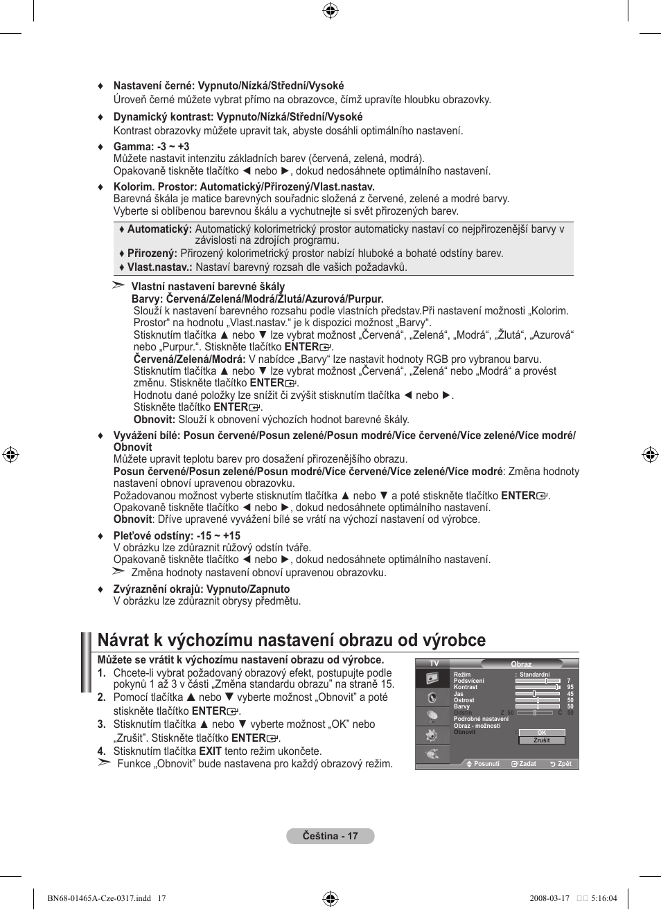 Návrat k výchozímu nastavení obrazu od výrobce | Samsung LE32A431T2 User Manual | Page 399 / 509