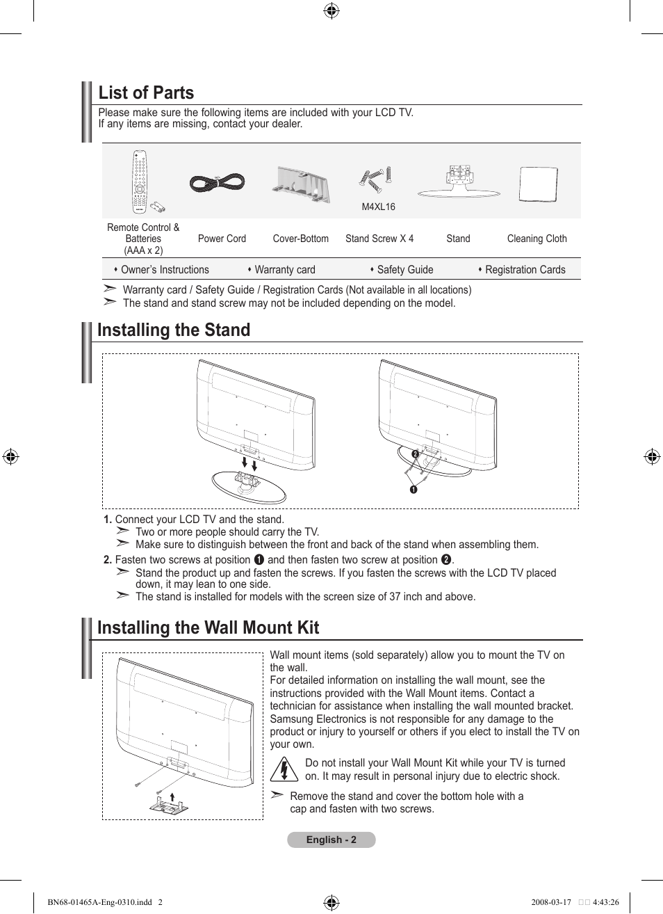 Conecting and preparing your tv, List of parts, Installing the stand | Installing the wall mount kit, Installing the stand installing the wall mount kit | Samsung LE32A431T2 User Manual | Page 4 / 509