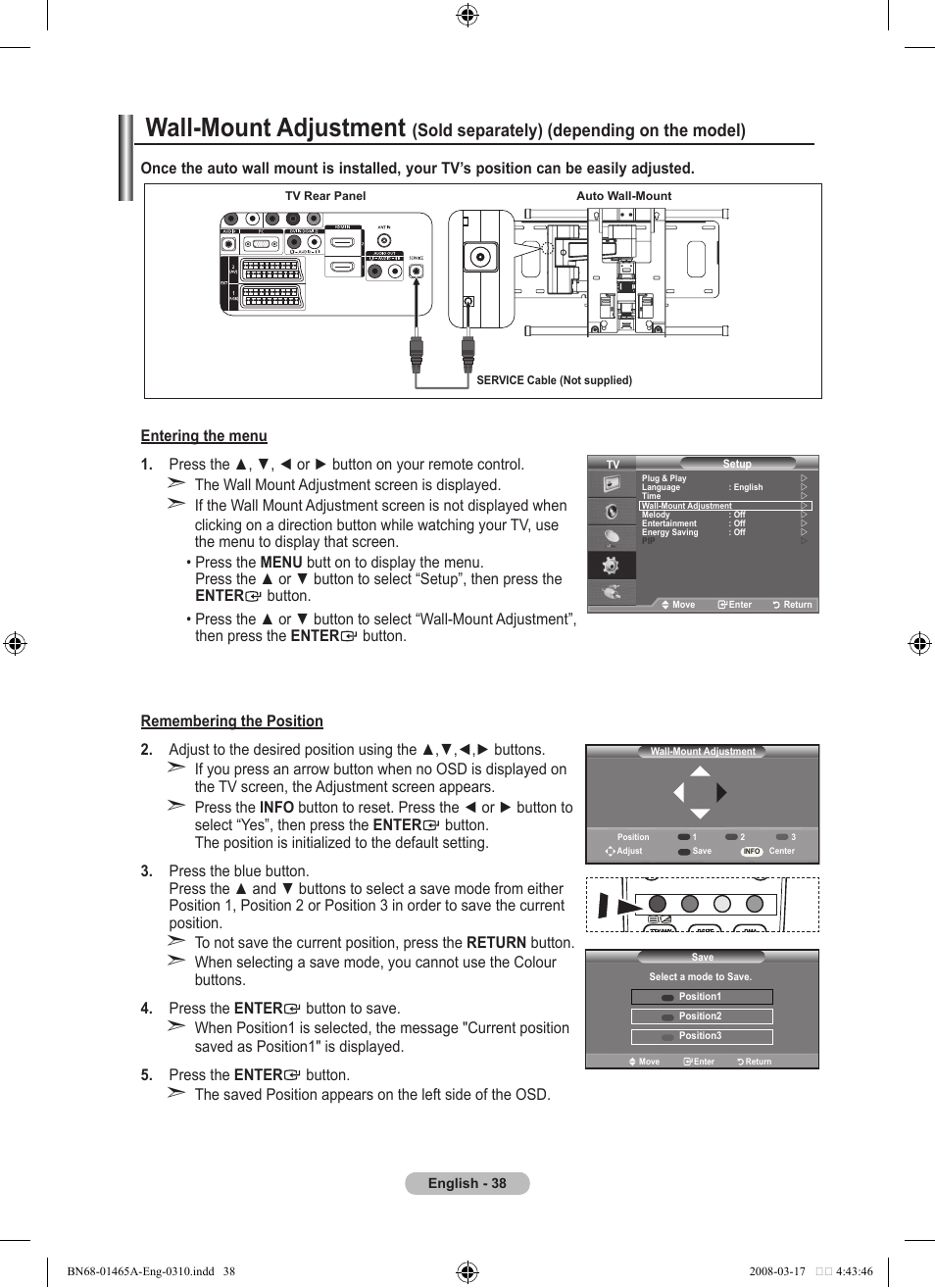 Wall-mount adjustment, Sold separately) (depending on the model) | Samsung LE32A431T2 User Manual | Page 40 / 509