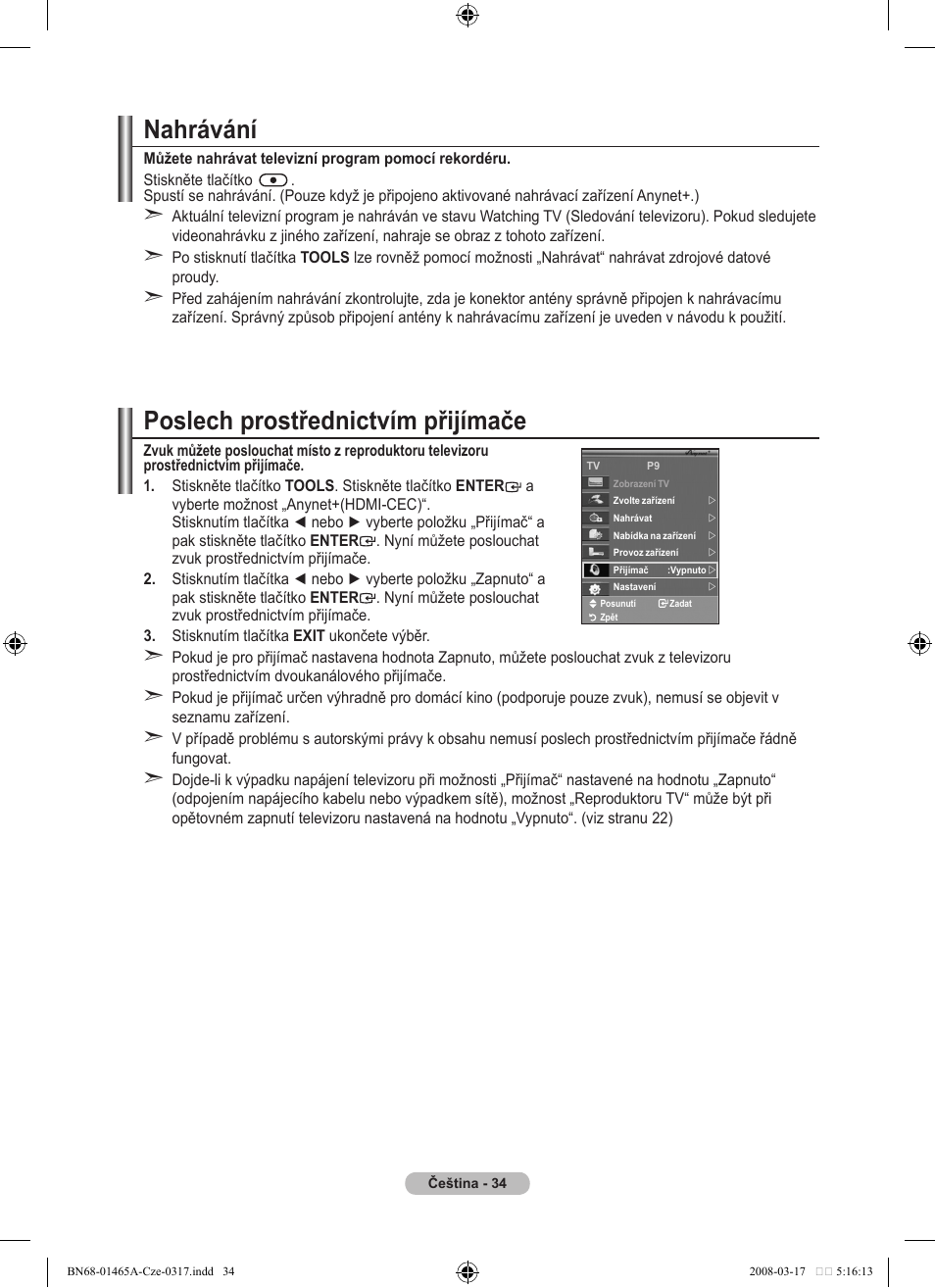 Poslech prostřednictvím přijímače, Nahrávání | Samsung LE32A431T2 User Manual | Page 416 / 509