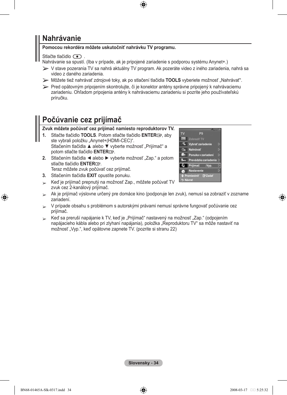 Nahrávanie, Počúvanie cez prijímač | Samsung LE32A431T2 User Manual | Page 458 / 509