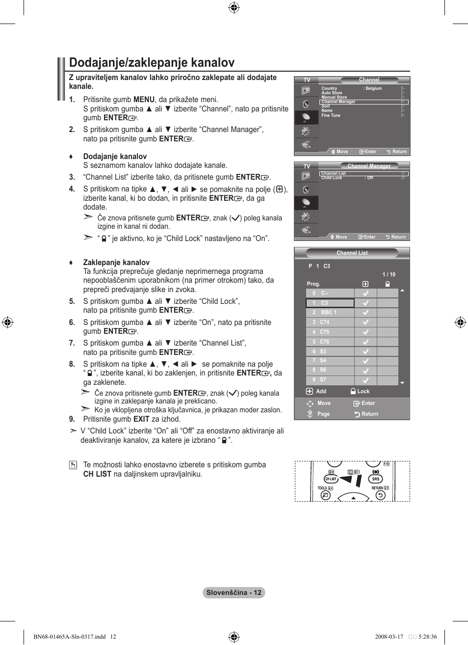 Dodajanje/zaklepanje kanalov | Samsung LE32A431T2 User Manual | Page 478 / 509